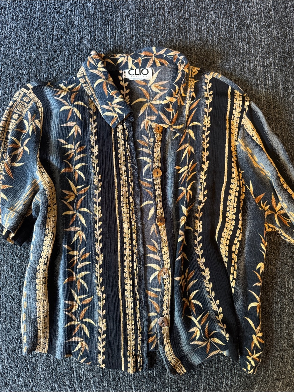 Clio Black Shirt with Gold Botanical Stripes